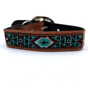 Myra Bag Leather Dog Collar Beaded Southwestern Turquoise Tan Small